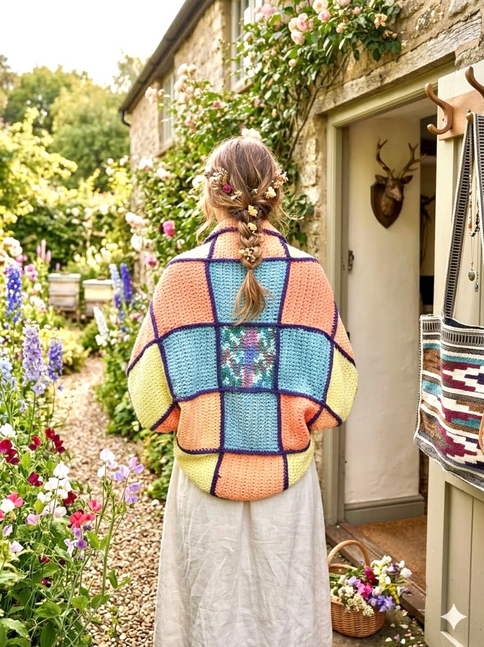 🌙Artisan patchwork knit Open-Front cocoon kimono cover up cottagecore vibe